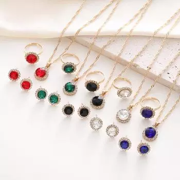 Комплект женских украшений Shein с круглыми бриллиантами и цирконами, хит продаж: Ожерелье, серьги и кольцо. 3-piece set чёрный