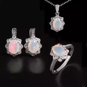 Комплект женских ювелирных изделий из натурального опала из стерлингового серебра 925 пробы с подвеской из настоящего драгоценного камня, ожерельем, серьгами, кольцом, ювелирным украшением в подарок с коробкой US RING SIZE:7# белый