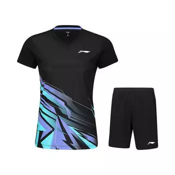 Комплект женский футболка с V-образным вырезом и коротким рукавом с принтом Li-Ning и повседневные шорты Топы Черный AATV014-1 M