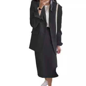 Комплект женского костюма из 2 предметов: пиджак с лацканами, длинными рукавами и карманами с клапанами + юбка-миди с высокой талией. Однотонный костюм для офисной леди, рабочая одежда. 2XL