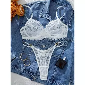 Комплект женского кружевного нижнего белья, стиль для зрелых женщин, сексуальный прозрачный бюстгальтер и стринги, нежные цветочные детали, элегантный белый цвет с ленточными акцентами S белый