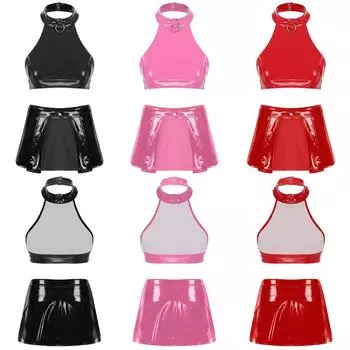 Комплект женского нижнего белья из двух предметов, женский латексный костюм для ночного клуба, укороченный топ с лямкой на бретельках и мини-юбкой с открытой передней частью, костюм для фестиваля Rave Dance на шесте S