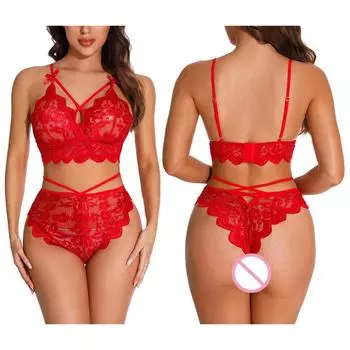 Комплект женского нижнего белья, кружевной бюстгальтер, трусики, комплект с глубоким v-образным вырезом, кружевной бюстгальтер с цветочным принтом + костюм-стринги, комплект из двух бюстгальтеров крест-накрест и стринги M