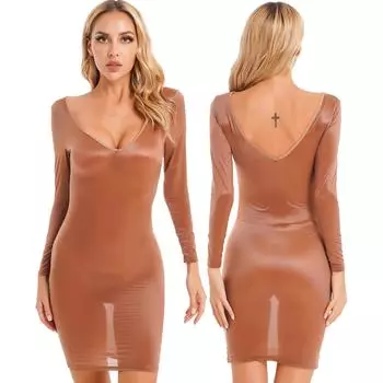 Комплект женского нижнего белья, ночное белье, глянцевое полупрозрачное облегающее платье с глубоким V-образным вырезом и длинными рукавами XL чёрный