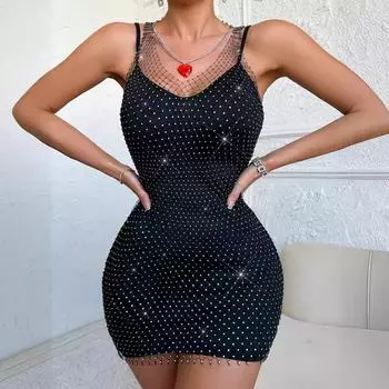 Комплект женского платья с бриллиантами для рыбалки, сексуальный, полый, чистого ручного пошива XS чёрный