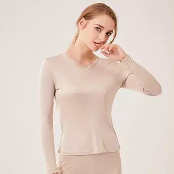 Комплект женского шелкового термобелья Tangge - топ с длинными рукавами и V-образным вырезом, кружевом и штанами M чёрный