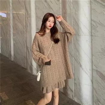 Комплект женского свитера, свободный свитер с жареным тестом, женская новая юбка из двух частей, весна и осень, свитер с круглым вырезом, юбка One Size чёрный