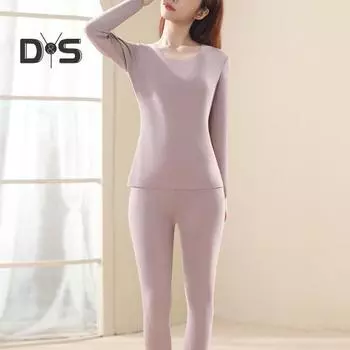 Комплект женского термобелья из 2 предметов, зимний теплый самонагревающийся топ с круглым вырезом и длинными рукавами, брюки с высокой талией, бесшовный термобелье из бархата DE M бежевый