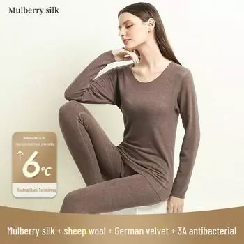 Комплект женского термобелья из шелка и шерсти - однотонный, плюс бархат, плотный, для осени/зимы. XL (121~140 catties) легкие хаки