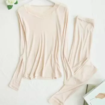 Комплект женского термобелья Tangge из шелка Mulberry — увлажняющий и приятный для кожи на осень и зиму M чёрный