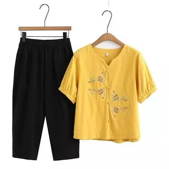 Комплект женской одежды больших размеров из тонкого хлопка, летний комбинезон с короткими рукавами, вышитым цветочным узором и брюками на резинке на талии XXXXL зелёный