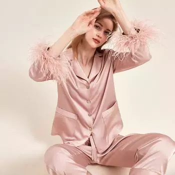 Комплект женской пижамы Feather Satin, высококачественная рубашка, кардиган, брюки, домашняя одежда, повседневная свободная пижама, домашняя одежда M синий