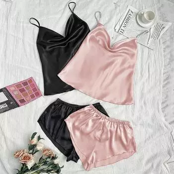 Комплект женской пижамы из 2 предметов, однотонный, дышащий, из искусственного шелка, топ с V-образным вырезом, эластичная резинка на талии, шорты, одежда для сна, летняя, легкая, мягкая, удобная пижама S