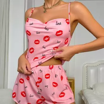 Комплект женской пижамы. Комплект из сексуальных шорт с подтяжками и принтом. Модная домашняя одежда XXL красный