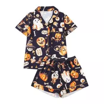 Комплект женской пижамы на Хэллоуин с принтом привидений и тыкв, рубашки с коротким рукавом на пуговицах S