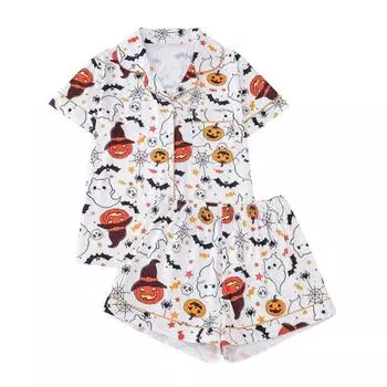 Комплект женской пижамы на Хэллоуин с принтом призрака и тыквы, рубашки с коротким рукавом на пуговицах и шорты, комплект одежды для сна из 2 предметов, домашняя одежда, короткий комплект пижамы S 7