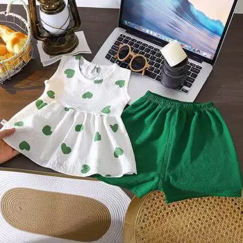 Комплект жилета для девочек, летняя детская одежда, двухпредметный комплект с принтом 80 зелёный