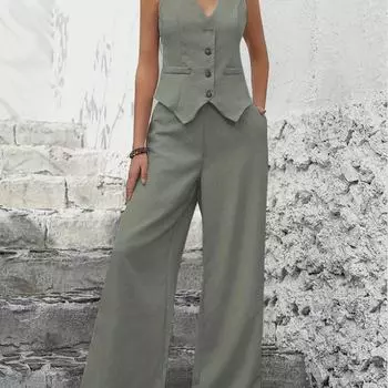 Комплект жилетов и брюк в европейском и американском стиле 2024 года: Костюм для отдыха с коллажной вышивкой X1885 M зелёный