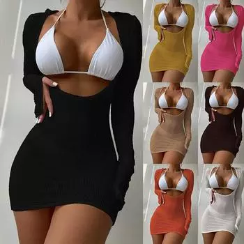 Комплекты бикини из трех предметов для женщин, бюстгальтер пуш-ап с подкладкой + шорты + пуловер с длинными рукавами, женские пляжные купальные костюмы, купальники S белый