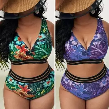 Комплекты бикини с v-образным вырезом и цветочным принтом для женщин, цельные купальники больших размеров, новые купальники с высокой талией и пуш-ап, купальные костюмы 0XL зелёный