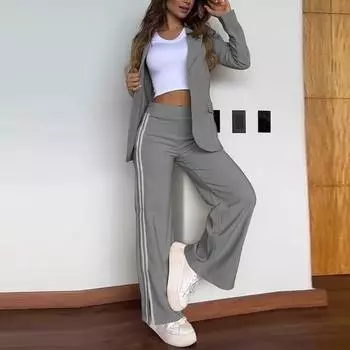 Комплекты брюк женские свободные лацканы полосатый длинный рукав короткий пиджак прямые брюки женский костюм осень новая женская верхняя одежда 2024 новый S белый