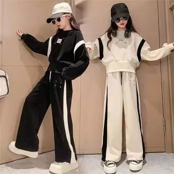 Комплекты детской одежды для девочек, осенняя толстовка с длинным рукавом, широкие брюки, детская одежда, костюмы 6, 8, 10, 12, 14 лет 170 чёрный