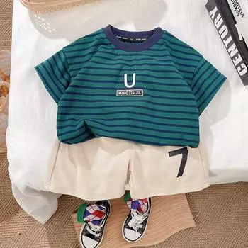 Комплекты детской одежды для мальчиков, летняя повседневная футболка + шорты, красивые полосатые костюмы для маленьких мальчиков с половиной рукавов 6-12m темно-синий