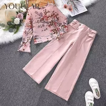Комплекты детской повседневной одежды из 2 предметов, комплекты одежды для девочек, новинка 2023 года, осенняя детская мода, розовые топы с цветочным принтом, комплекты с длинными брюками, От 7 до 14 лет 8Y