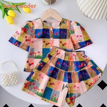 Комплекты для девочек Bear Leader, клетчатые брюки с цветочным принтом и короткими рукавами, костюмы из двух предметов, AZ4087 3T