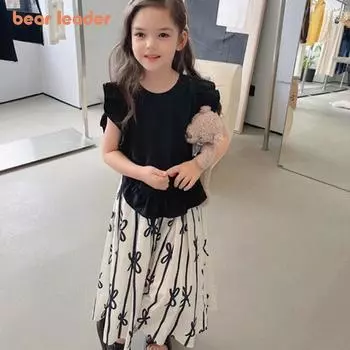 Комплекты для девочек Bear Leader, летняя однотонная одежда с рукавами + широкие брюки, детские костюмы из двух предметов AZ3487 3T