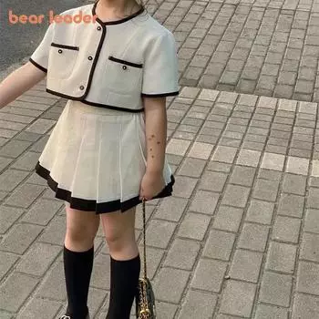 Комплекты для девочек Bear Leader, новые летние плиссированные юбки с короткими рукавами и карманами, костюмы из двух предметов, детская элегантная одежда, AZ3459 3T