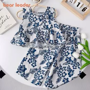 Комплекты для девочек Bear Leader, топы без рукавов, широкие брюки, летние детские костюмы из двух предметов с цветочным принтом AX2444 3T