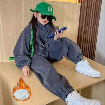 Комплекты для девочек осень-зима, детская мода, теплые толстовки + брюки, комплект из 2 предметов, детские флисовые толстовки с капюшоном, костюмы, одежда для подростков 170 серый