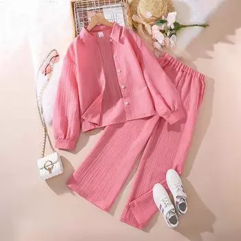 Комплекты для девочек, рубашка с длинными рукавами, пальто, свободные повседневные длинные брюки, костюмы в корейском стиле для девочек, летние модные комплекты 160cm красный