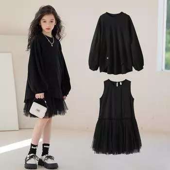 Комплекты для девочек весна-осень 2 шт., толстовки с длинными рукавами и платье без рукавов, одежда для девочек 160 чёрный