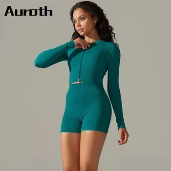 Комплекты для йоги Auroth на молнии, женская спортивная одежда, рубашки для фитнеса с круглым вырезом и длинными рукавами, вязаные шорты для бега, одежда для тренировок S чёрный