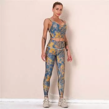 Комплекты для йоги Nessaj Женские бедра Пуш-ап Леггинсы для спортзала Полиэстеровые комплекты Градиентные костюмы для галстука-красителя Спортивные комплекты Красочная одежда Армейские зеленые костюмы для йоги