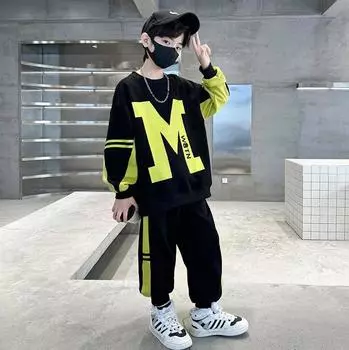 Комплекты для мальчиков Детские осенне-весенние костюмы Модный комплект одежды для больших детей Подростковая футболка с надписью + брюки 2 предмета 5-14 лет 170 жёлтый