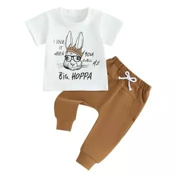 Комплекты для мальчиков на Пасху, 6 мес, 12 мес, 18 мес, 24 мес, 3 года, топы с короткими рукавами и штанами на шнурке с принтом кролика 0-6 Months белый