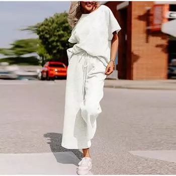 Комплекты для женщин Летние комплекты для отдыха Топы с круглым вырезом Широкие укороченные брюки Наряды для отпуска и путешествий S белый
