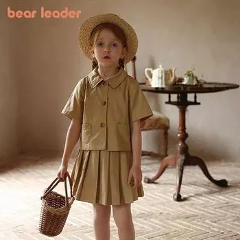 Комплекты из 2 предметов для девочек Bear Leader, летние рубашки на пуговицах с короткими рукавами и плиссированные юбки, костюмы с карманами, одежда для маленьких детей, повседневная одежда для детей 3-7 лет 3T