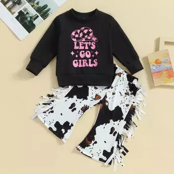 Комплекты из 2 предметов для маленьких девочек 6 месяцев, 12 месяцев, 18 месяцев, 24 месяцев, 3 года, 4 года, толстовка с длинными рукавами с буквенным принтом и расклешенные брюки с коровьим принтом и кисточками, милая одежда 12-18 Months чёрный