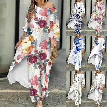 Комплекты из 2 предметов для женщин, летние повседневные свободные топы с цветочным принтом, широкие брюки, подходящие повседневные комплекты XXL синий