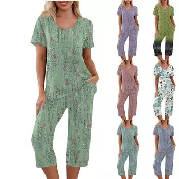 Комплекты из 2 предметов для женщин, летний топ с короткими рукавами и брюки с карманами, мягкие комплекты для тренировок L зелёный