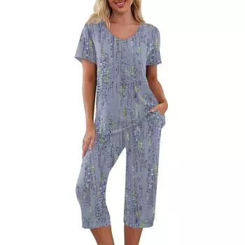 Комплекты из 2 предметов для женщин, летний топ с короткими рукавами и брюки с карманами, мягкие комплекты для тренировок L зелёный