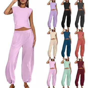 Комплекты из 2 предметов для женщин Повседневные летние наряды для женщин Укороченный топ Спортивные штаны Соответствующие комплекты L розовый