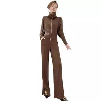 Комплекты из 2 предметов для женщин: топ на молнии с длинным рукавом и брюки с высокой посадкой и широкими штанинами. Приталенный повседневный спортивный костюм для отдыха. 2XL кофейный