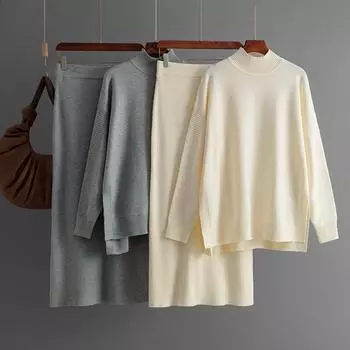 Комплекты из 2 предметов трикотажные женские макси юбка спортивные костюмы зимние теплые водолазка свитер женская длинная юбка комплекты из двух предметов свитер One Size чёрный