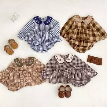 Комплекты из 2 предметов в клетку для маленьких девочек с воротником Питер Пэн, комплекты одежды для маленьких девочек, милая осенняя одежда для девочек, bafanou 66163 90cm(18-24M) уплотнение коричневого