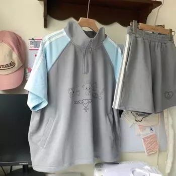 Комплекты из 2 предметов в консервативном стиле, женские наряды с коротким рукавом и воротником-стойкой, лоскутные футболки, повседневные модные шорты, костюм, корейский летний комплект S синий/серый